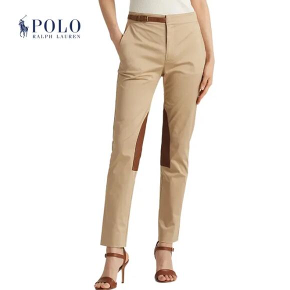 Lauren Ralph Lauren Jodhpur Pant Size 12 Leather-Trim Sateen Straight RARE NEW